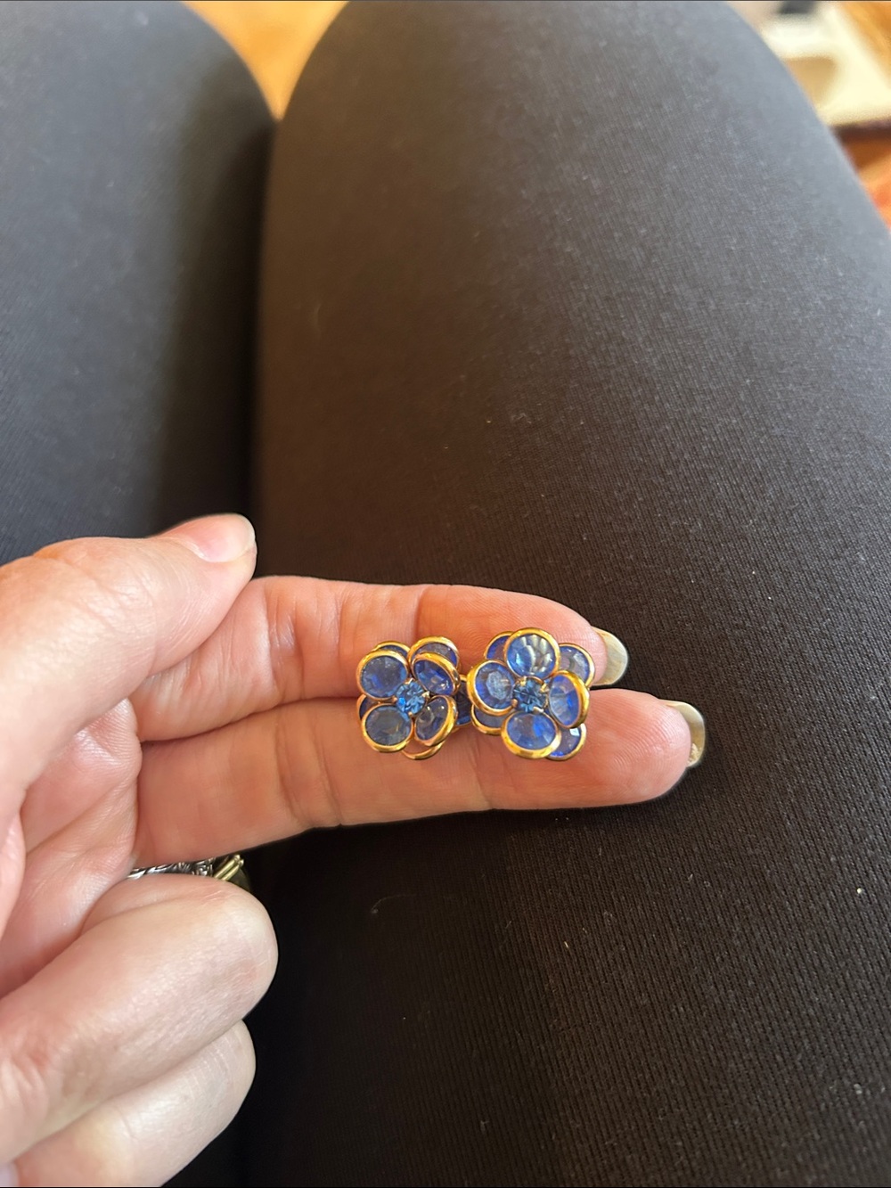 Source Unknown Blue and Gold Floral Cluster Stud Earrings